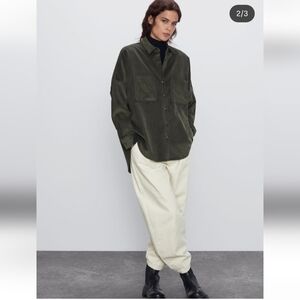 Zara Fine-waled Corduroy Shirt In An Olive Green(Oversized-Shacket)